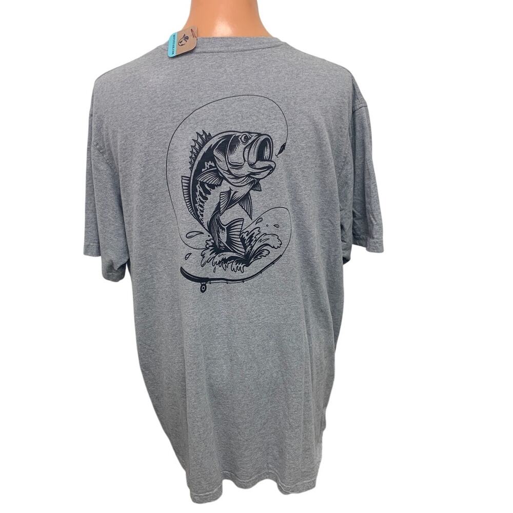 Upcycled Hand Printed Mens 3XLB Bass Fishing Pole Fish Crew Neck Tee w Pocket